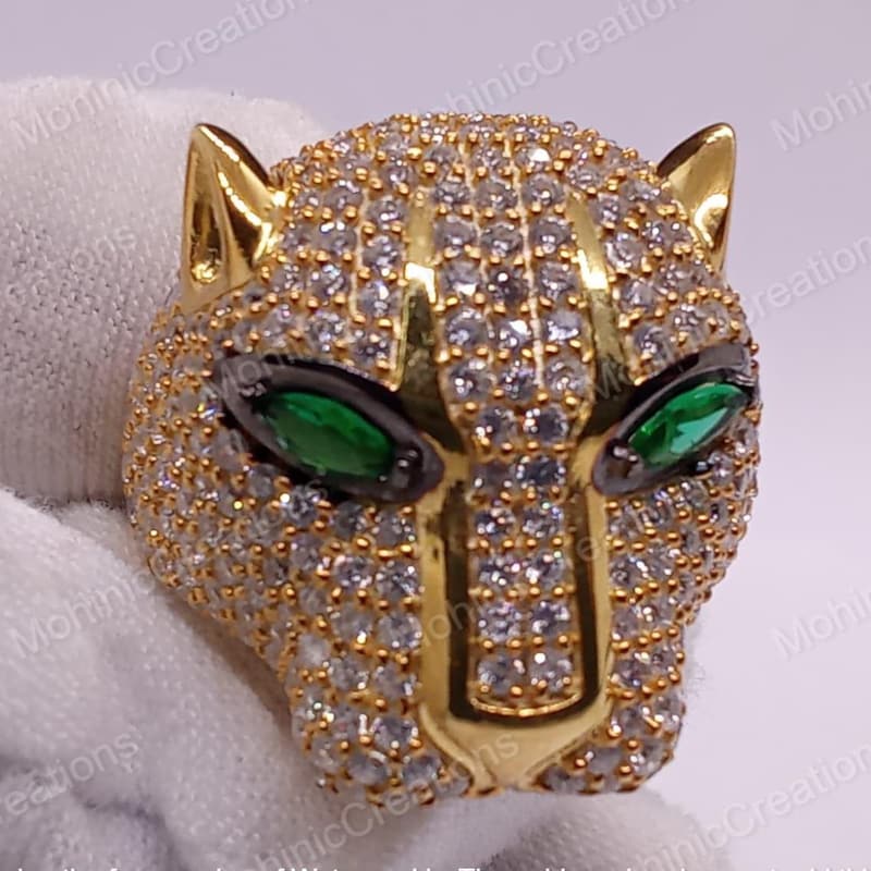 Cluster CZ Panther Wedding Engagement Ring: 14K Yellow Gold Plated Sterling Silver