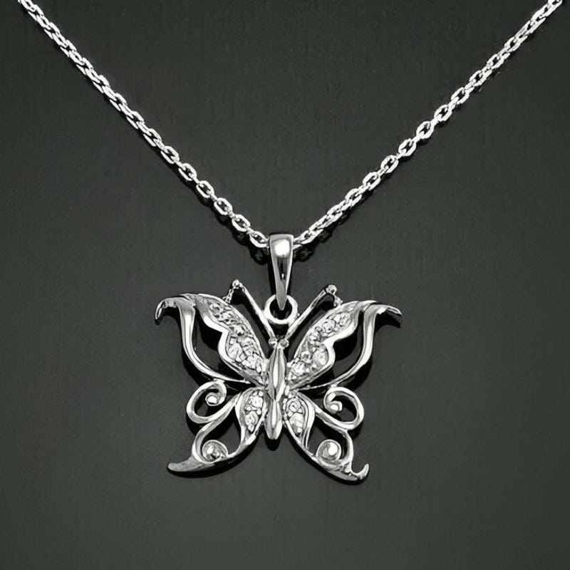 Valentine's Gift CZ Diamond Butterfly Pendant Necklace, 925 Sterling Silver