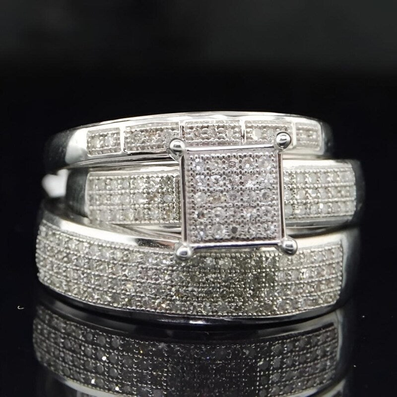 Filigree Lab Diamond Trio Ring Set, 14K White Gold Plated Sterling Silver