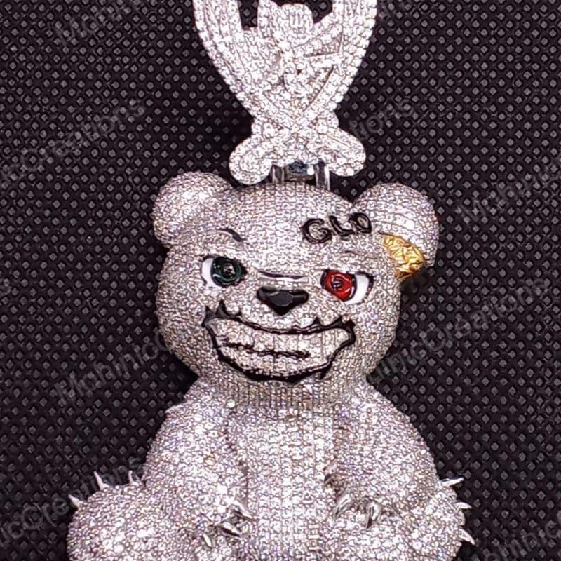 Valentine Day Gift Moissanite Teddy Bear Charm Pendant 925 Silver, 14K White Gold Plated