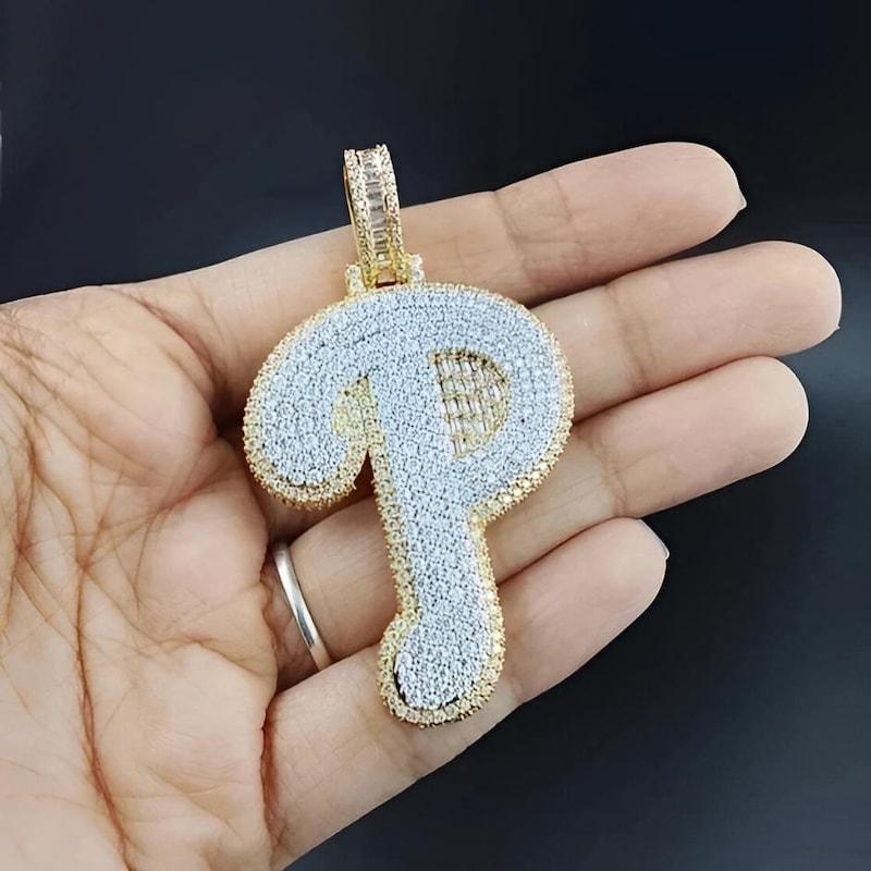 Two Tone 14K Gold Plated Letter P Pendant, Cubic Zirconia Diamond, 925 Silver