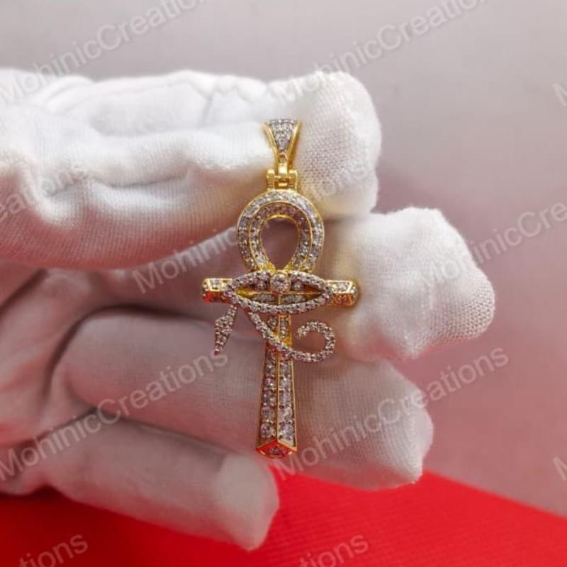 Moissanite Diamond Ankh Cross Pendant, 925 Sterling Silver, Gold Plated