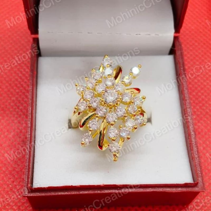 14k Gold Plated Cubic Zirconia Cluster Ring, Women's Cocktail Wedding Ring 925 Sterling Silver