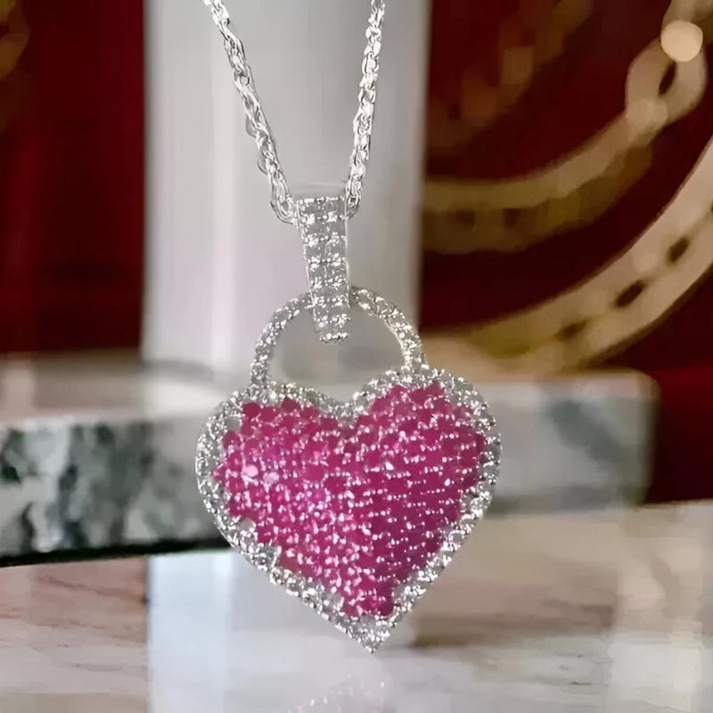 Ruby Heart Pendant Necklace, CZ Diamond Cluster, 925 Silver