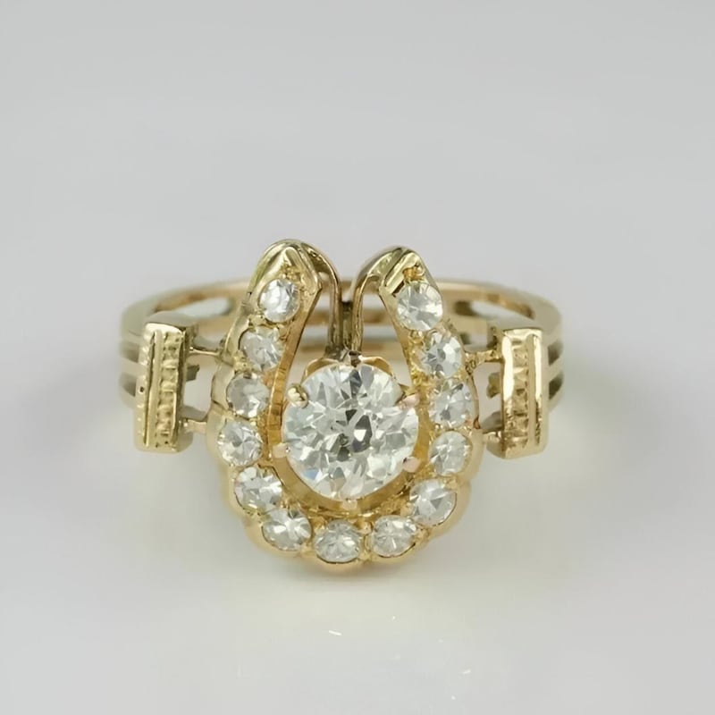 Moissanite Diamond Horseshoe Ring, 14K Gold Plated 925 Silver
