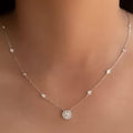 Moissanite Diamond Halo Pendant Necklace, Sterling Silver Bar, Valentine's Gift