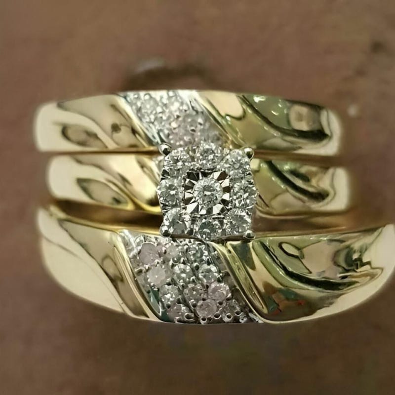 CZ Diamond Engagement Ring Set – 14K Yellow Gold Plated Sterling Silver Wedding Bands