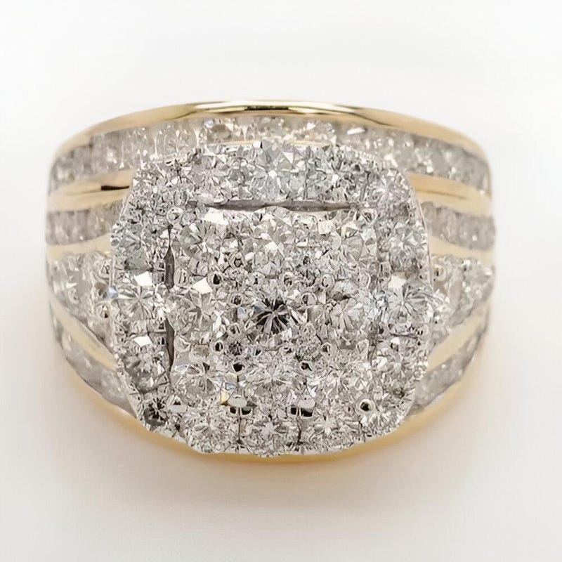 Men's Two Tone Gold Plated CZ Diamond Cluster Wedding Ring, 925 Silver