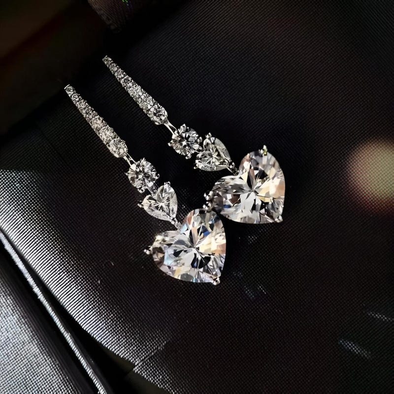 Heart Cut Lab Diamond Dangle Earrings, 14k White Gold Plated Sterling Silver