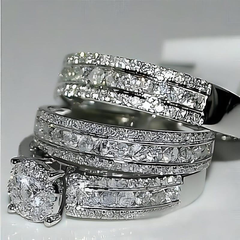 Filigree Promise Ring Band Set, 2.55Ct Round Diamond, 14K White Gold Plated Anniversary Gift