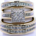 Lab Diamond Engagement Ring Set, 14k Yellow Gold Plated Sterling Silver Wedding