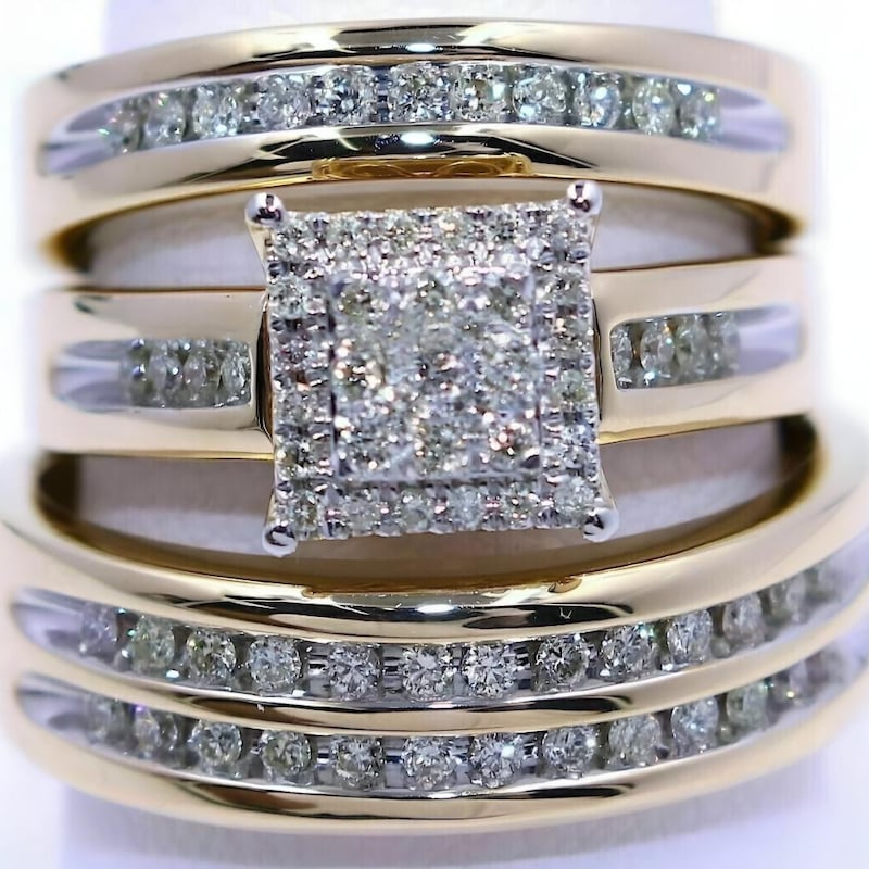 Lab Diamond Engagement Ring Set, 14k Yellow Gold Plated Sterling Silver Wedding