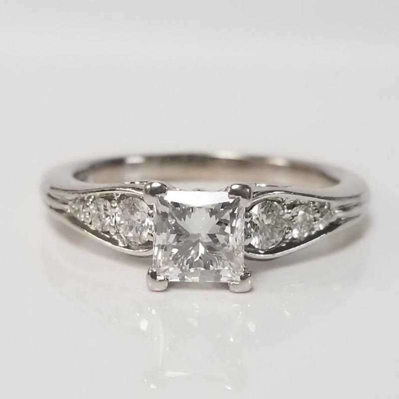14k White Gold Plated, Silver Engagement Ring, Princess Cut Cubic Zirconia, Her Birthday Gift