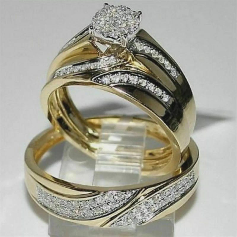 His & Hers CZ Diamond Ring Set – 14K Yellow Gold Plated Sterling Silver Wedding Bands
