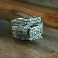 Sterling Silver Moissanite Diamond Cluster Trio Ring Set, Filigree Bands, White Gold Plated