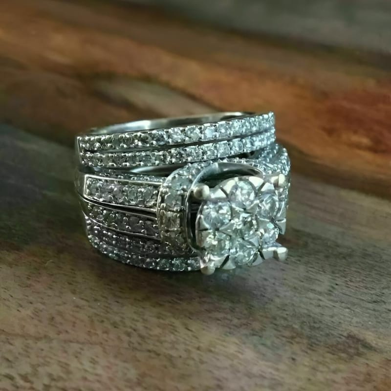 Sterling Silver Moissanite Diamond Cluster Trio Ring Set, Filigree Bands, White Gold Plated