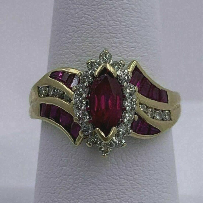 Marquise Cut Ruby CZ Ring, 14K Yellow Gold Plated Sterling Silver