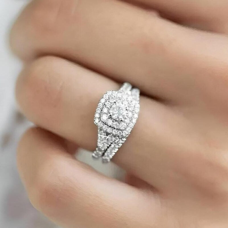 Filigree Bridal Ring Set, Lab Diamond, 14k White Gold Plated 925 Silver