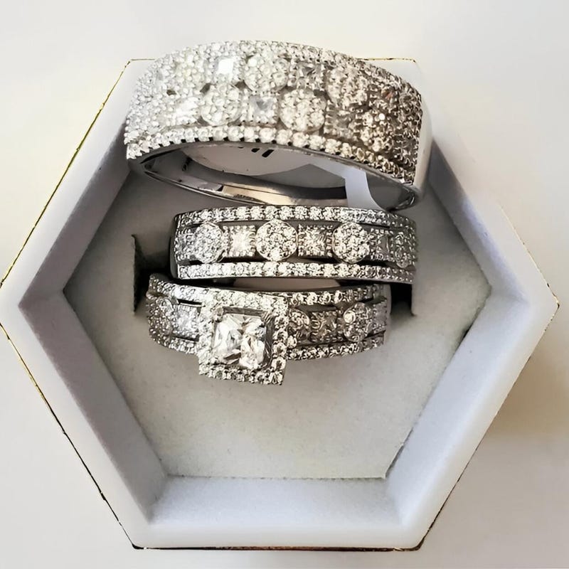 Sterling Silver Trio Wedding Ring Set, Filigree Bands, Lab Created Diamonds