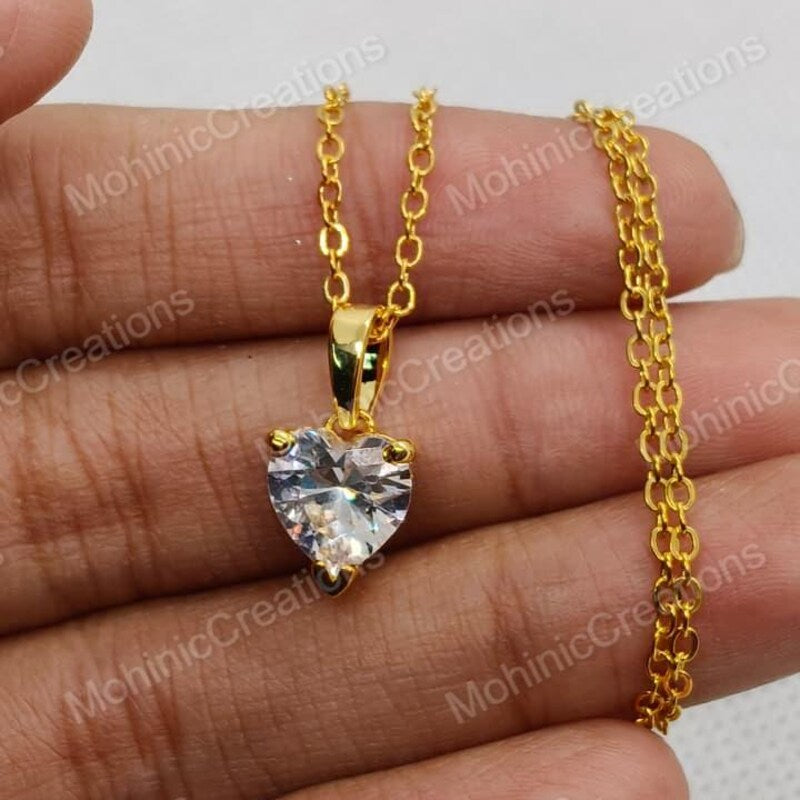 Sterling Silver Heart Pendant Necklace, 14K Gold Plated Moissanite Diamond Solitaire