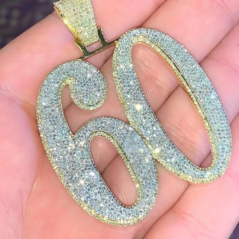 Custom "60" Moissanite Diamond Charm Pendant, 14K Yellow Gold Plated Sterling Silver