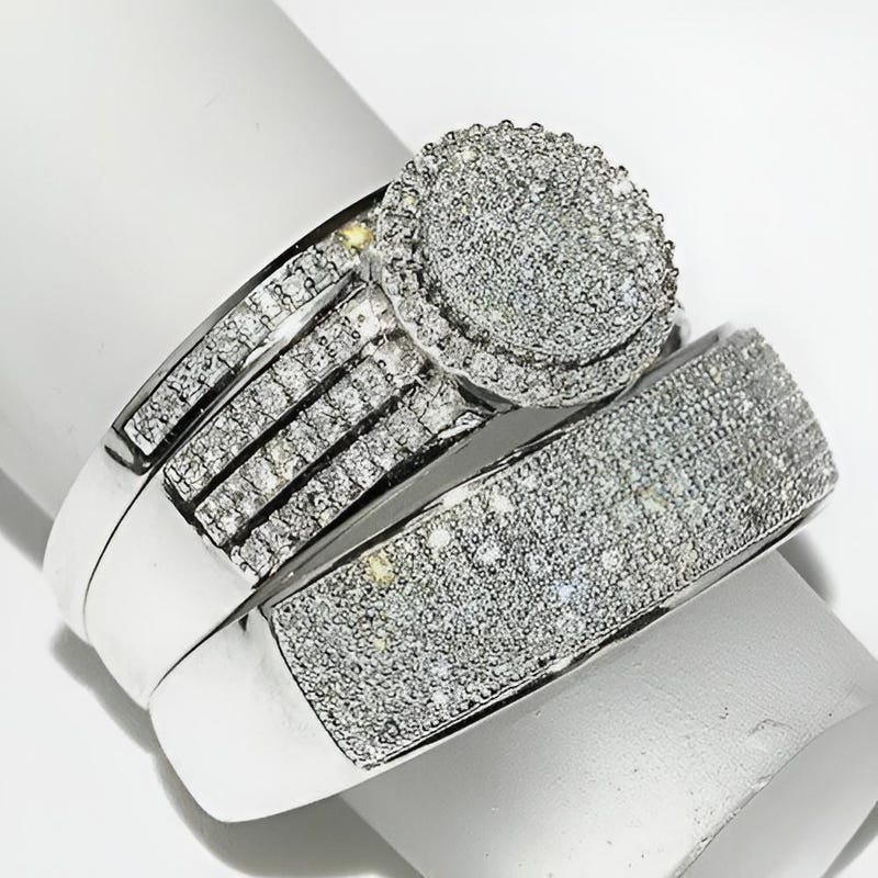 3.0Ct Round Moissanite Trio Ring Set, 14K White Gold Plated Bridal Band