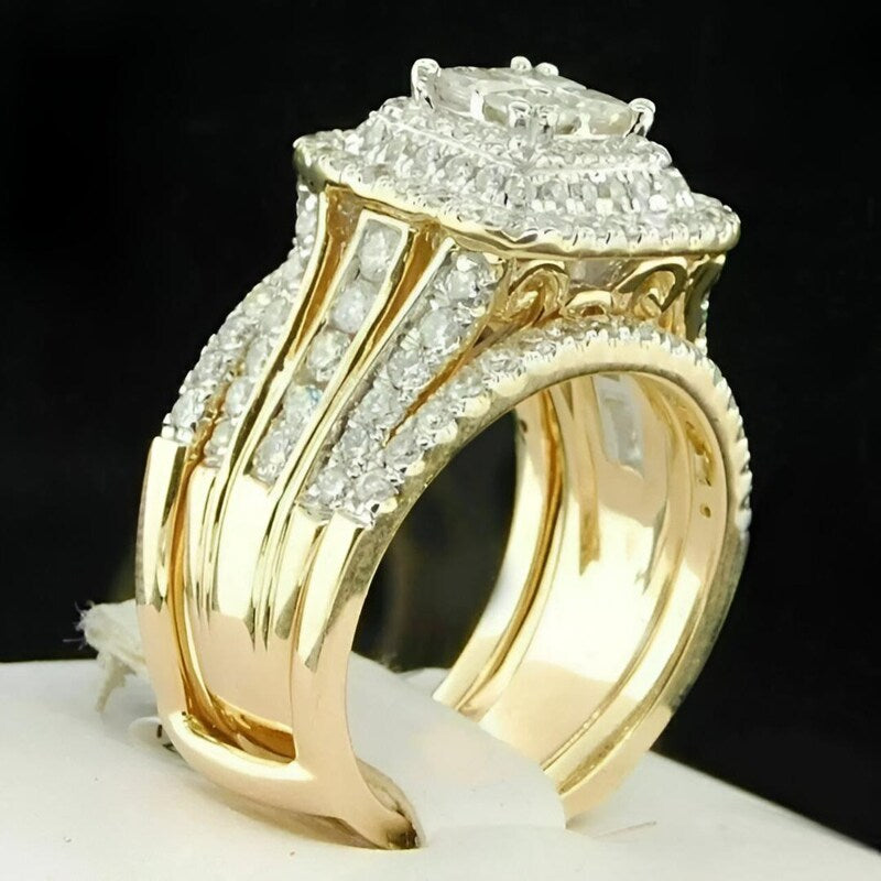 14k Yellow Gold Plated Women's & Men's Filigree Ring Set, Lab Diamond, Bridal Promise Ring
