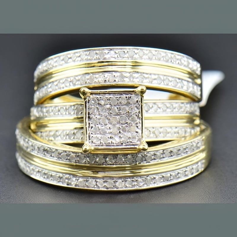 Sterling Silver Moissanite Engagement Trio Ring Set – 14K Yellow Gold Plated