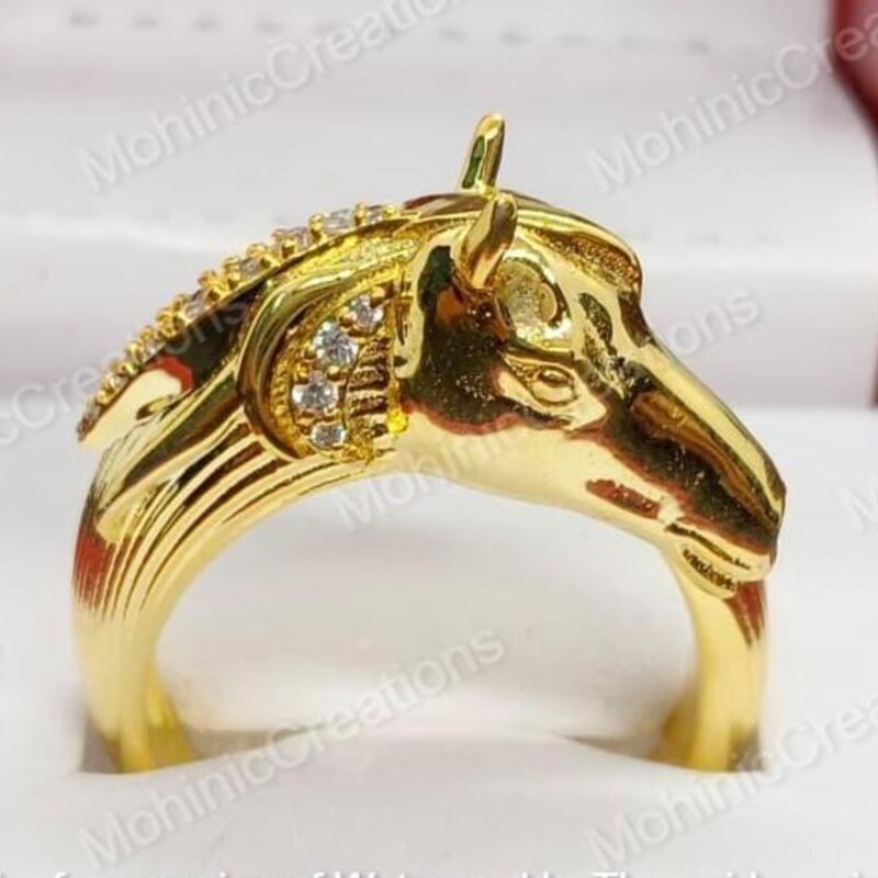14K Gold Plated Sterling Silver CZ Diamond Horse Ring, Vintage Anniversary Band