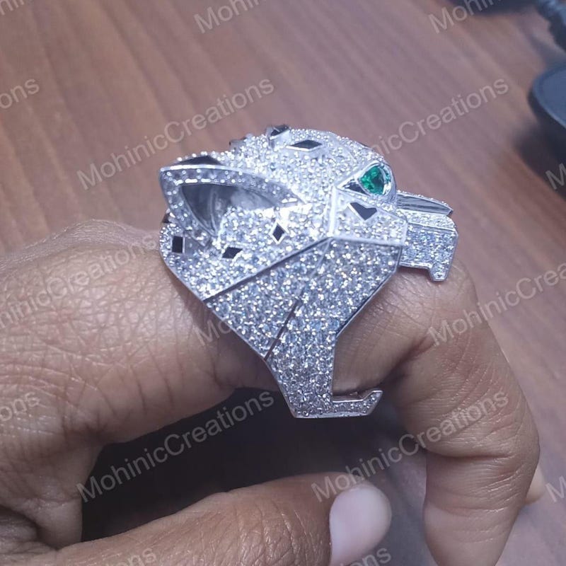Men's Panther Ring, 14K White Gold Plated Sterling Silver, Round Cut CZ Engagement Wedding