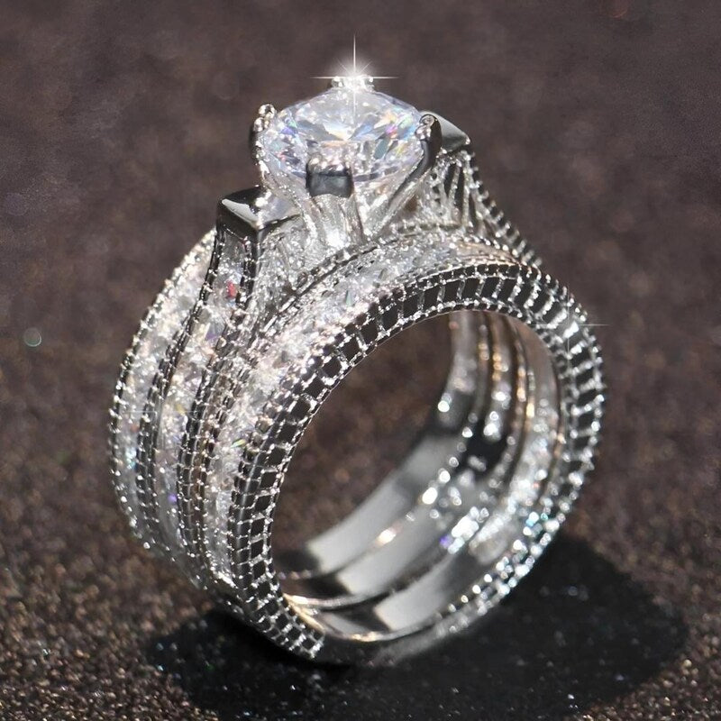 Sterling Silver Trio Ring Set, Filigree Bands, Lab Created Diamond, White Gold Plated
