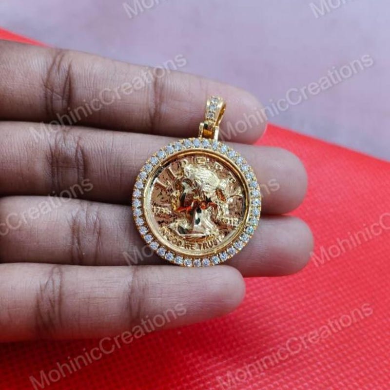 Women's Gift Moissanite Diamond Coin Shape Charm Pendant, 14K Yellow Gold Plated Silver
