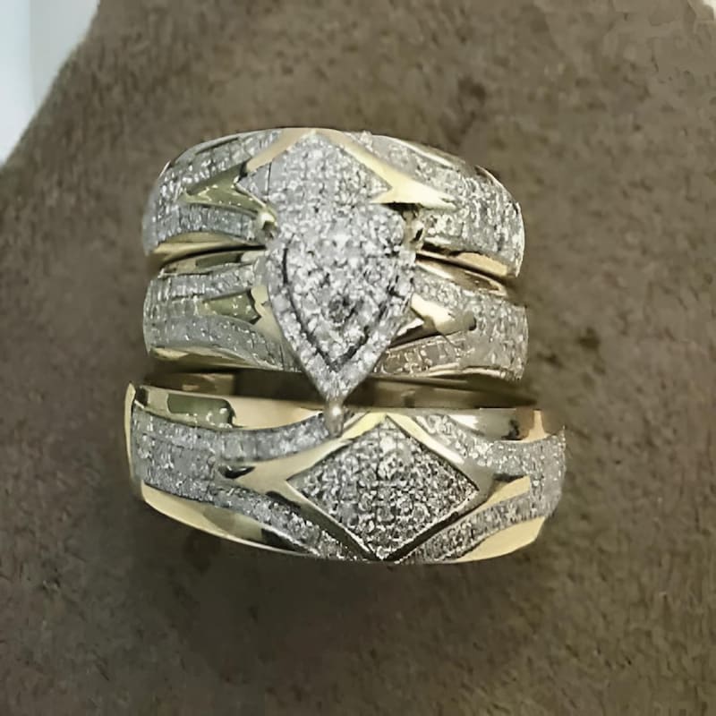 Moissanite Diamond Wedding Ring Set | Sterling Silver Bridal Trio Bands (14K Gold Plated)