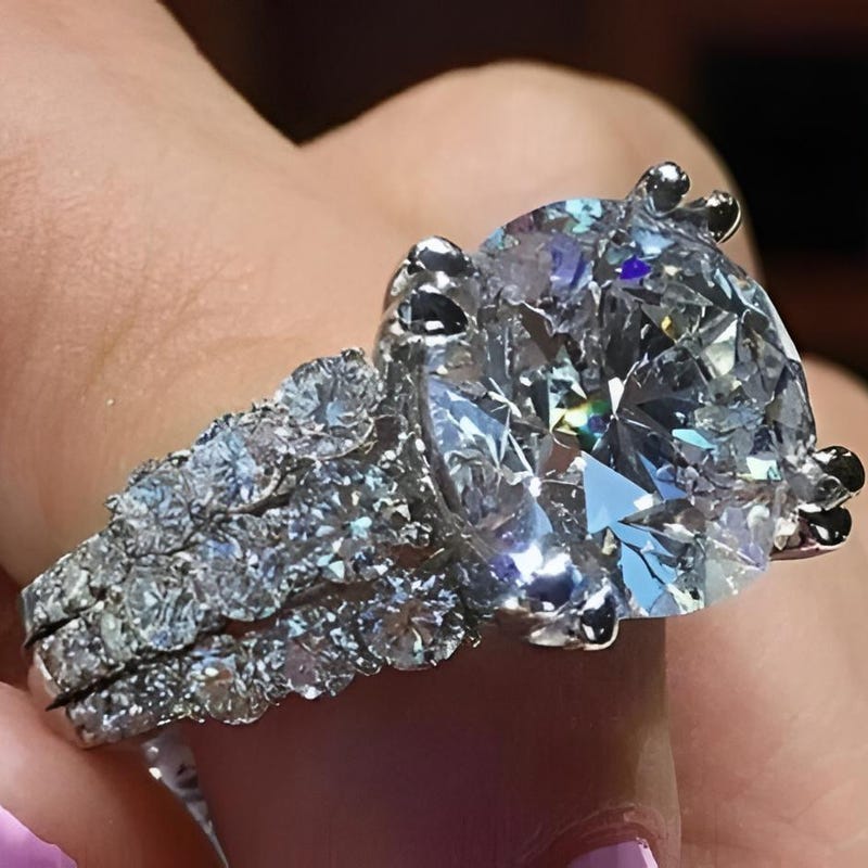 Round Cut Moissanite Cluster Engagement Ring, 14k White Gold Plated Sterling Silver