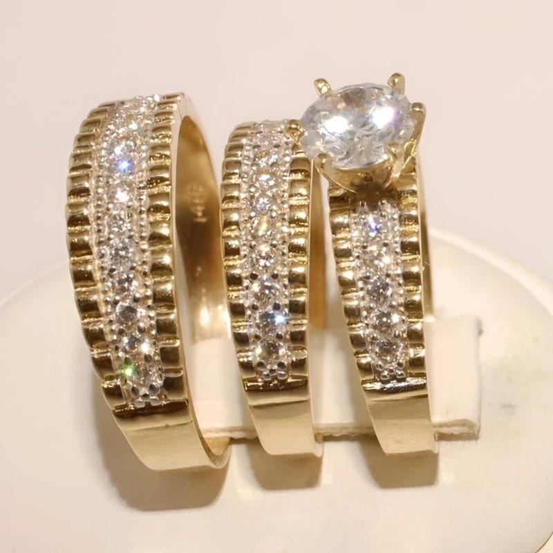 Round Cut Moissanite Diamond Wedding Engagement Ring Trio – 14K Yellow Gold Plated, Sterling Silver