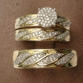 His Her Wedding Trio Set Ring: Round Moissanite, 14k Yellow Gold Plated Sterling Silver