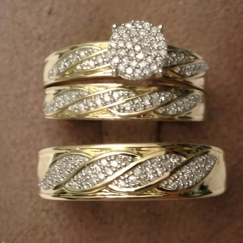 His Her Wedding Trio Set Ring: Round Moissanite, 14k Yellow Gold Plated Sterling Silver