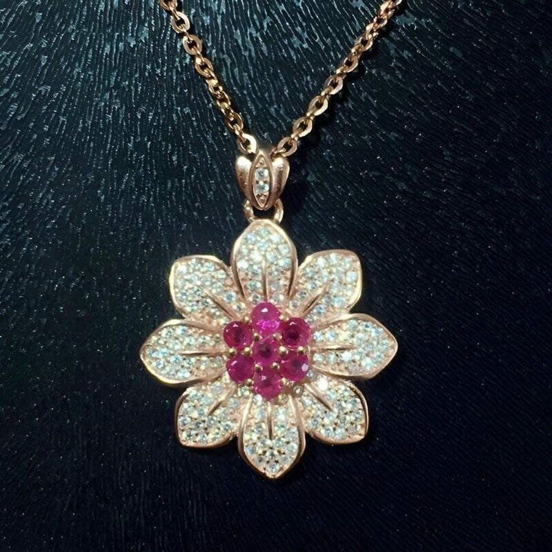 2Ct Round Cut Pink Sapphire Flower Pendant, 14K Rose Gold Finish Sterling Silver