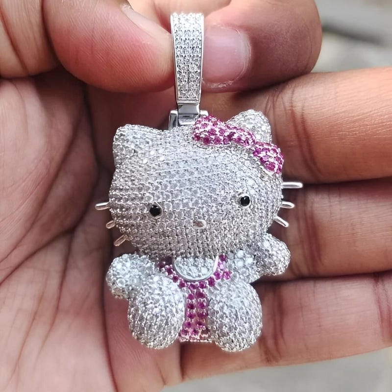 Custom Cartoon Moissanite Diamond Charm Pendant, 14K White Gold Plated Silver