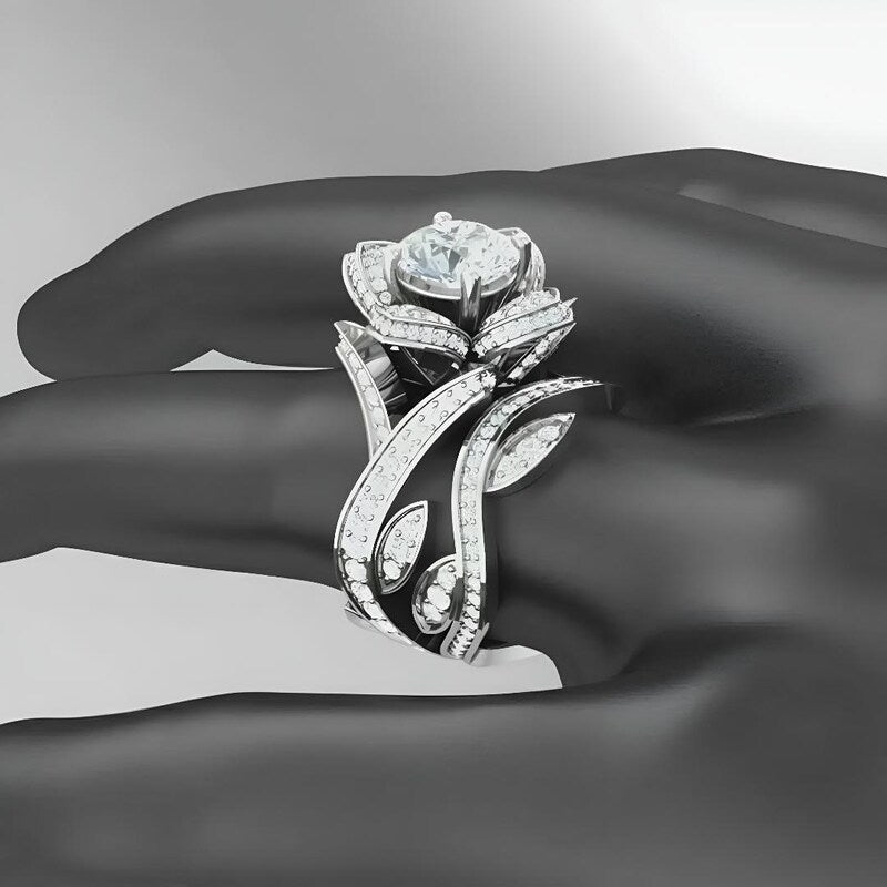 Pretty Women's Moissanite Cluster Engagement Wedding Ring Set, 14k White Gold Plated Sterling Silver