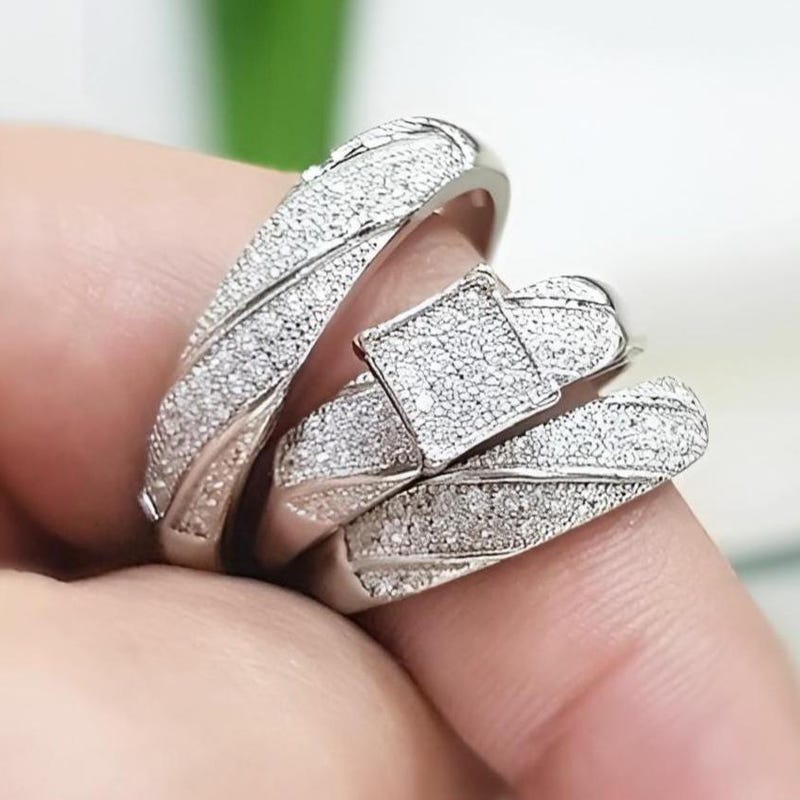 Sterling Silver Trio Ring Set, Filigree Bands, Lab Created Diamond, White Gold Plated