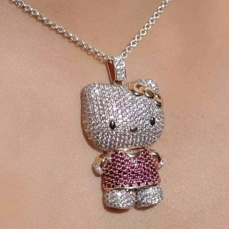 Custom Cartoon Moissanite Diamond & Ruby Women's Gift Pendant Necklace, 14K Rose Gold Plated Silver