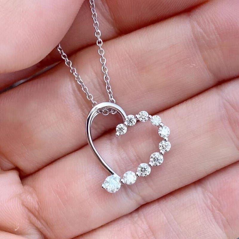 Sterling Silver Open Heart Moissanite Diamond Pendant Necklace (18")