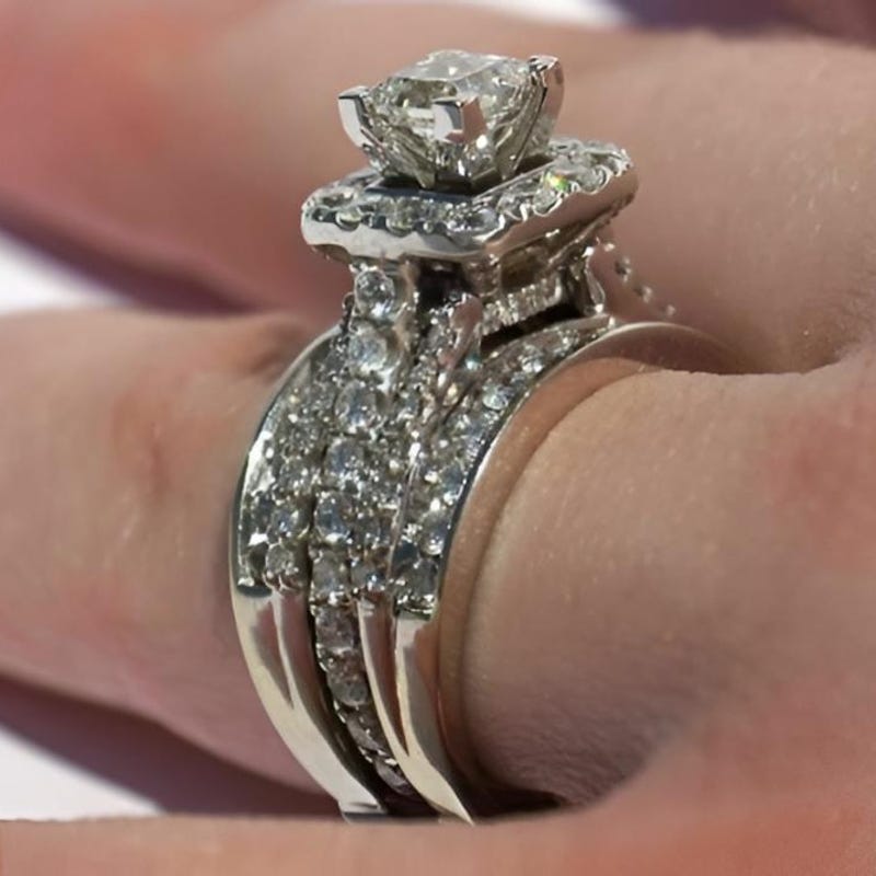 Princess Cut Moissanite Diamond Ring, 925 Sterling Silver Bridal Set Enhancer Bands