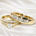 His & Her Matching Wedding Band Diamond Trio Set 14K Yellow Gold Finish Engagement Ring