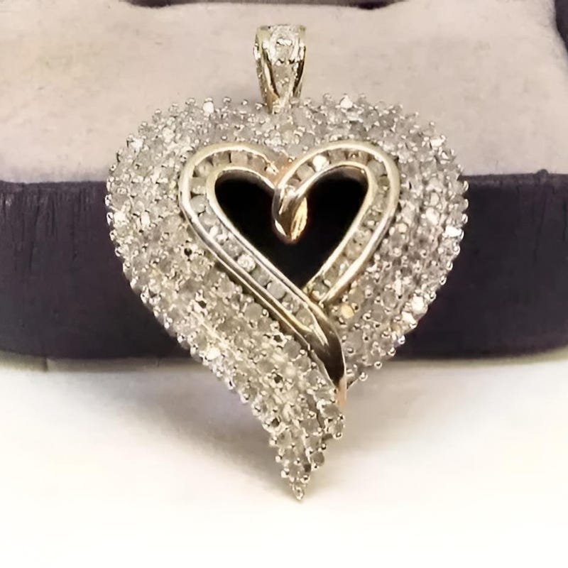 Open Heart Pendant Necklace, 14k Two Tone Gold Plated Sterling Silver, CZ Diamond