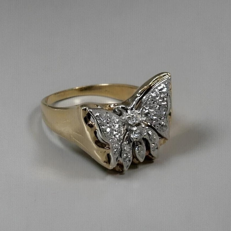 925 Silver Butterfly Engagement Ring, Round Moissanite, 14K Two Tone Gold Finish