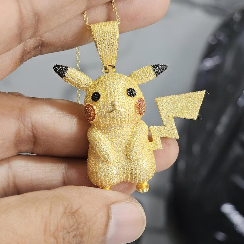 Pikachu Cartoon Pendant: 14K Yellow Gold Plated Moissanite Diamond Charm