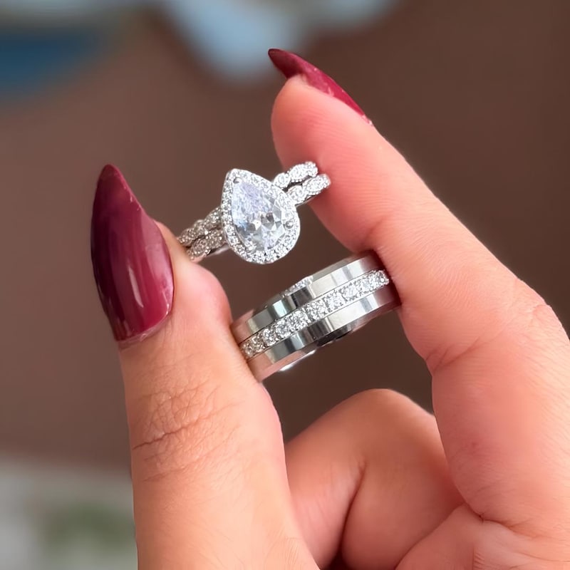 Pear Cut Moissanite Ring Set, 14k White Gold Plated Sterling Silver Bridal Band