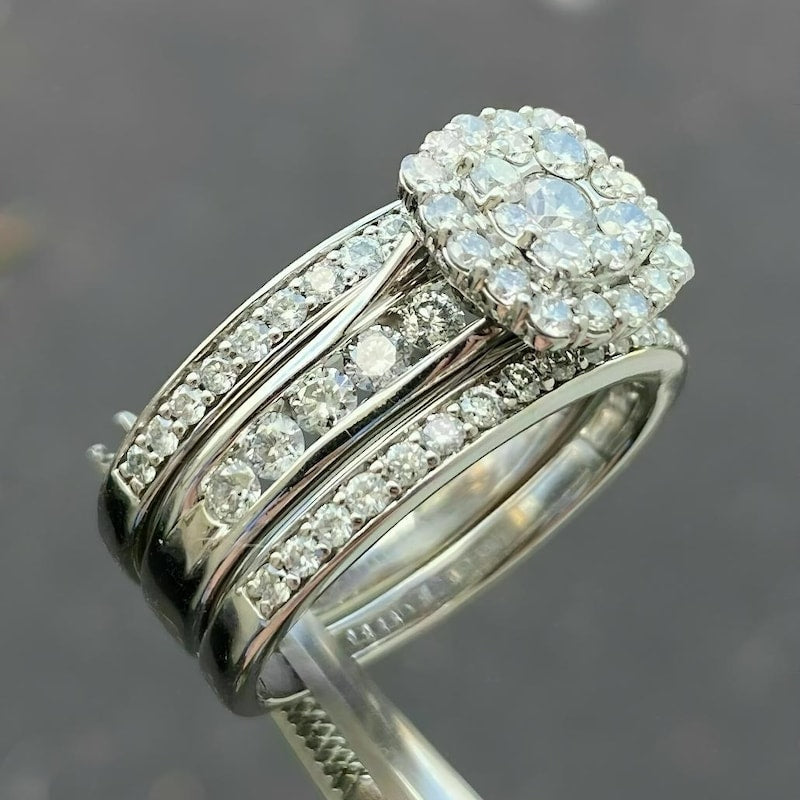 Trio Wedding Ring Moissanite Diamond, 14k White Gold Plated Sterling Silver Filigree Bridal Ring